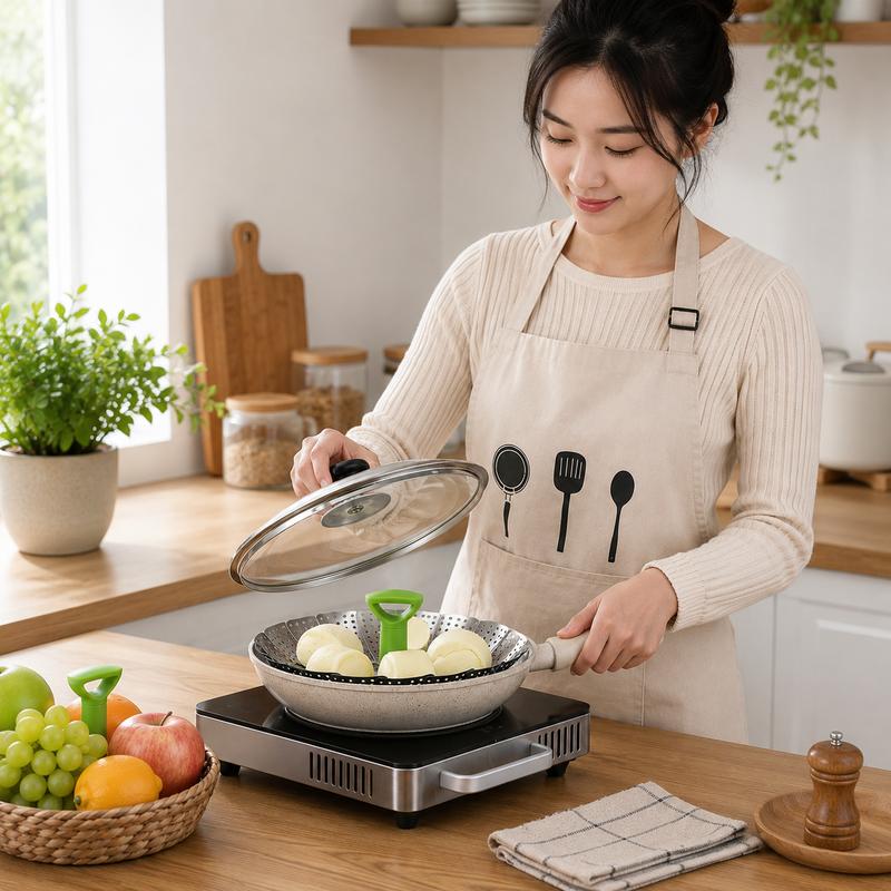 Stainless steel steamer basket being used for cooking