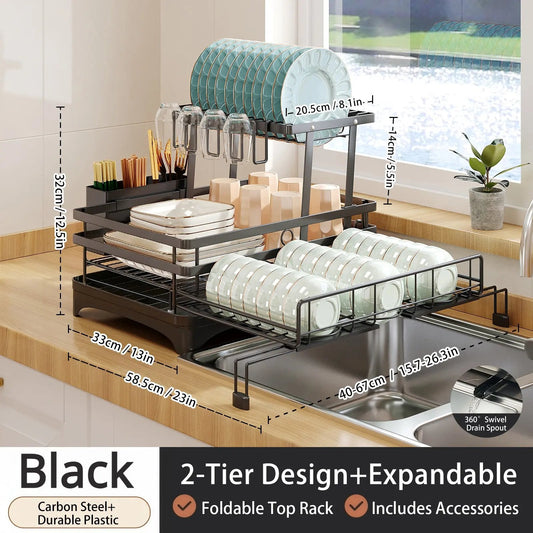 Foldable Over Sink Dish Drying Rack|Pull-Out 2-Tier Dish Drainer with Utensil Holder