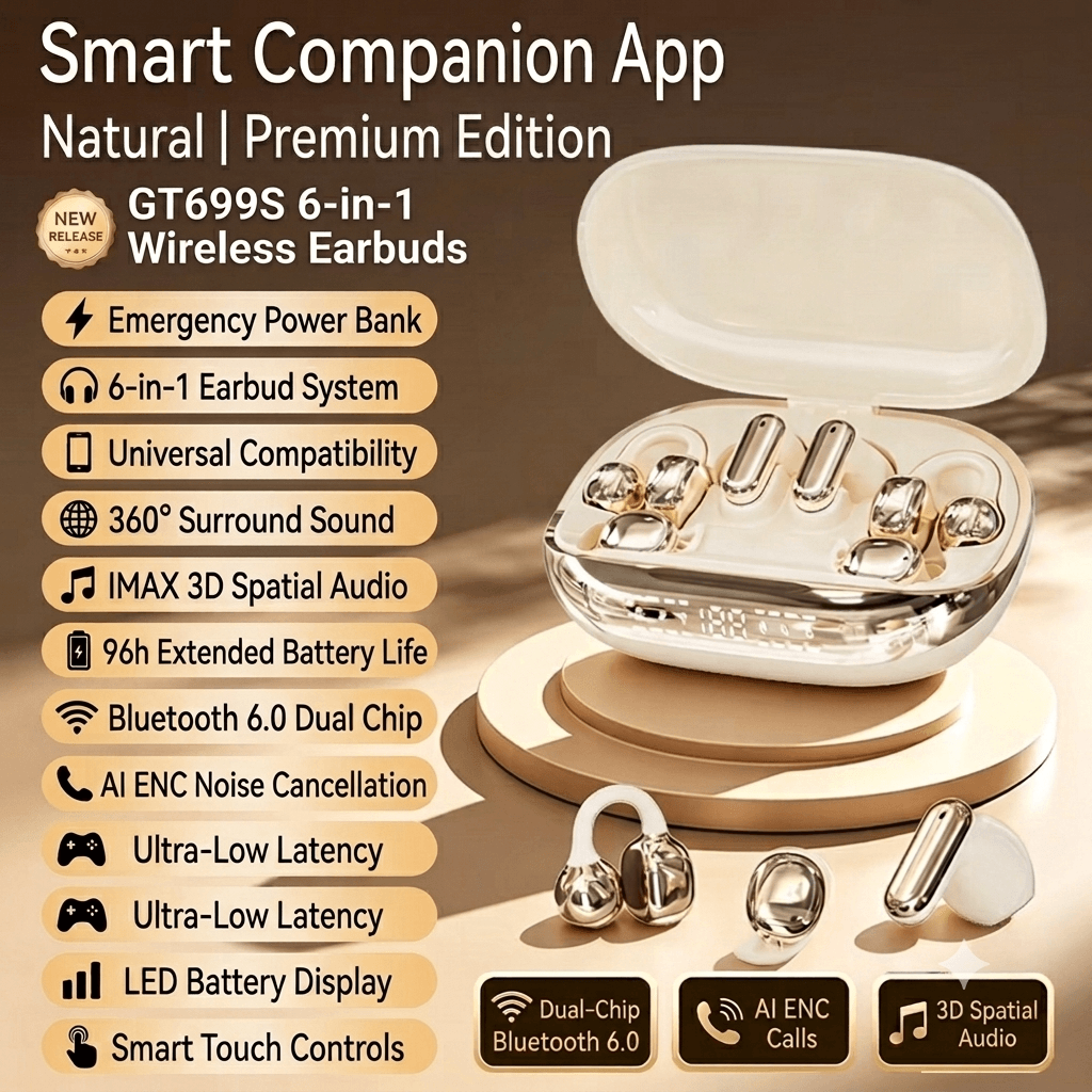 🎧 GT699S 6-in-1 Smart Wireless Earbuds | Power Bank Charging Case | Clip-On, In-Ear & Sleep Earbuds