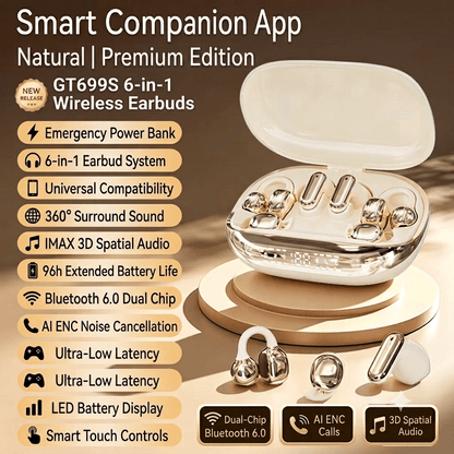 🎧 GT699S 6-in-1 Smart Wireless Earbuds | Power Bank Charging Case | Clip-On, In-Ear & Sleep Earbuds