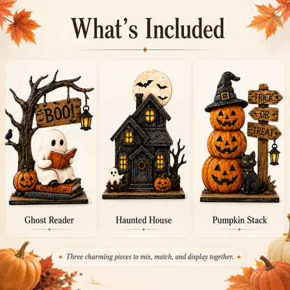 3-Piece Halloween Decor Set – Ghost, Haunted House & Pumpkins
