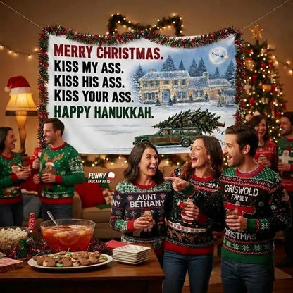 Funny Christmas Flag 3x5 FT – Merry Christmas Happy Hanukkah Holiday Quote Banner, Single-Sided with Metal Grommets, Snowy House RV Station Wagon Design, Xmas Porch Yard Garage Wall Decor, Holiday Party Decoration, Funny Gift for Adults, Winter Decor