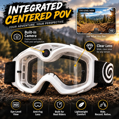 🏍️ POV Camera Motocross Goggles – White Off-Road Riding Goggles with Built-In Camera, Anti-Fog Lens & USB-C Charging