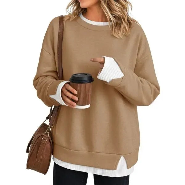 Women Crew Neck Fake Two Piece Striped Patchwork Drop Shoulder Oversized Sweatshirt