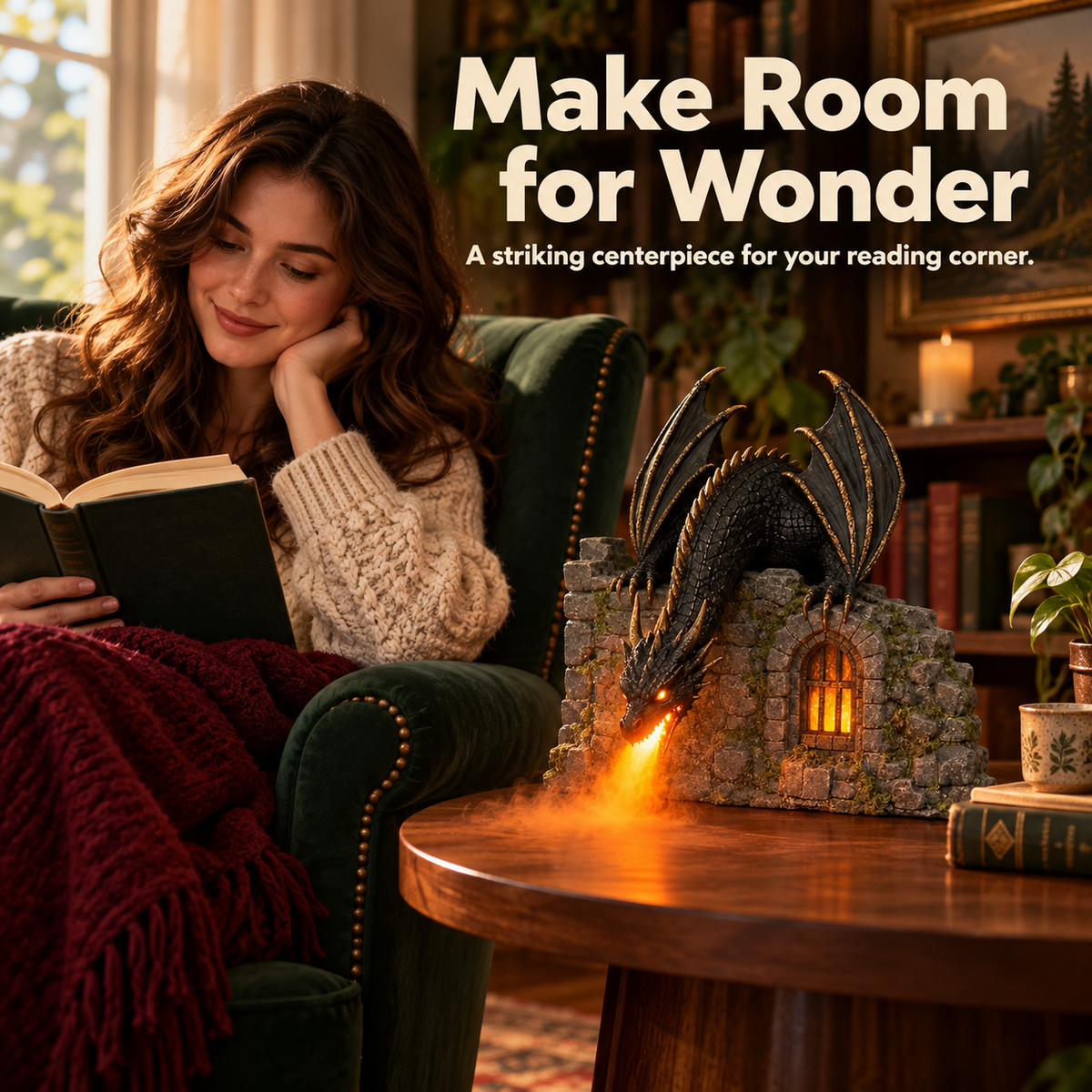 Dragon book nook displayed beside books in a cozy fantasy-inspired reading corner