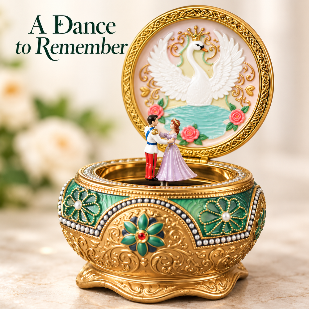 Romantic dancing couple inside an ornate swan music box
