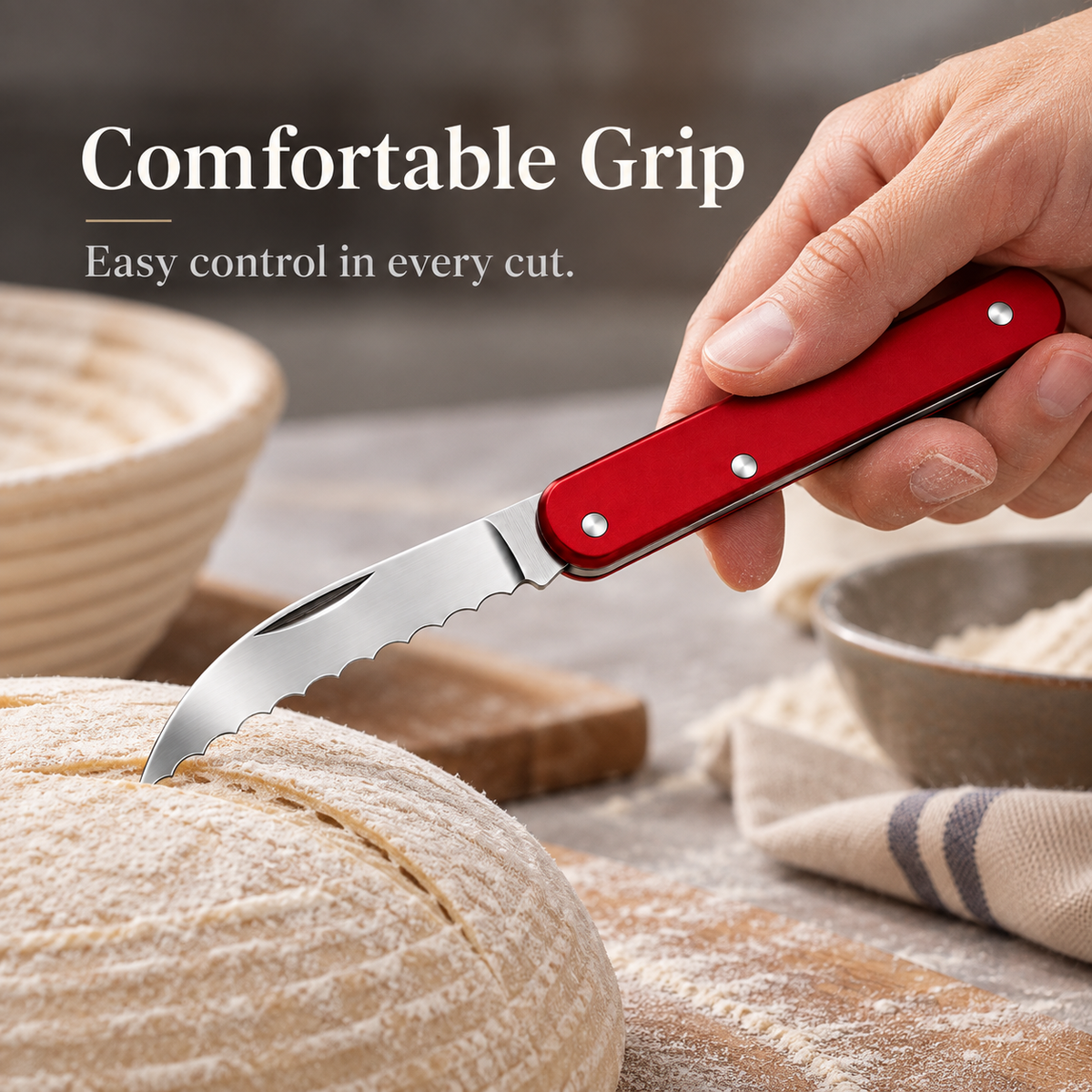 🔪Compact Folding Baker's Knife | 2.5″ Wavy-Edge Stainless Steel Blade | Red Aluminum Handle | Made in Switzerland