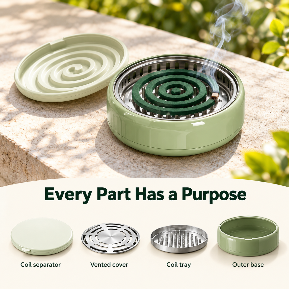 Mosquito coil holder components including lid, metal tray, coil support and base