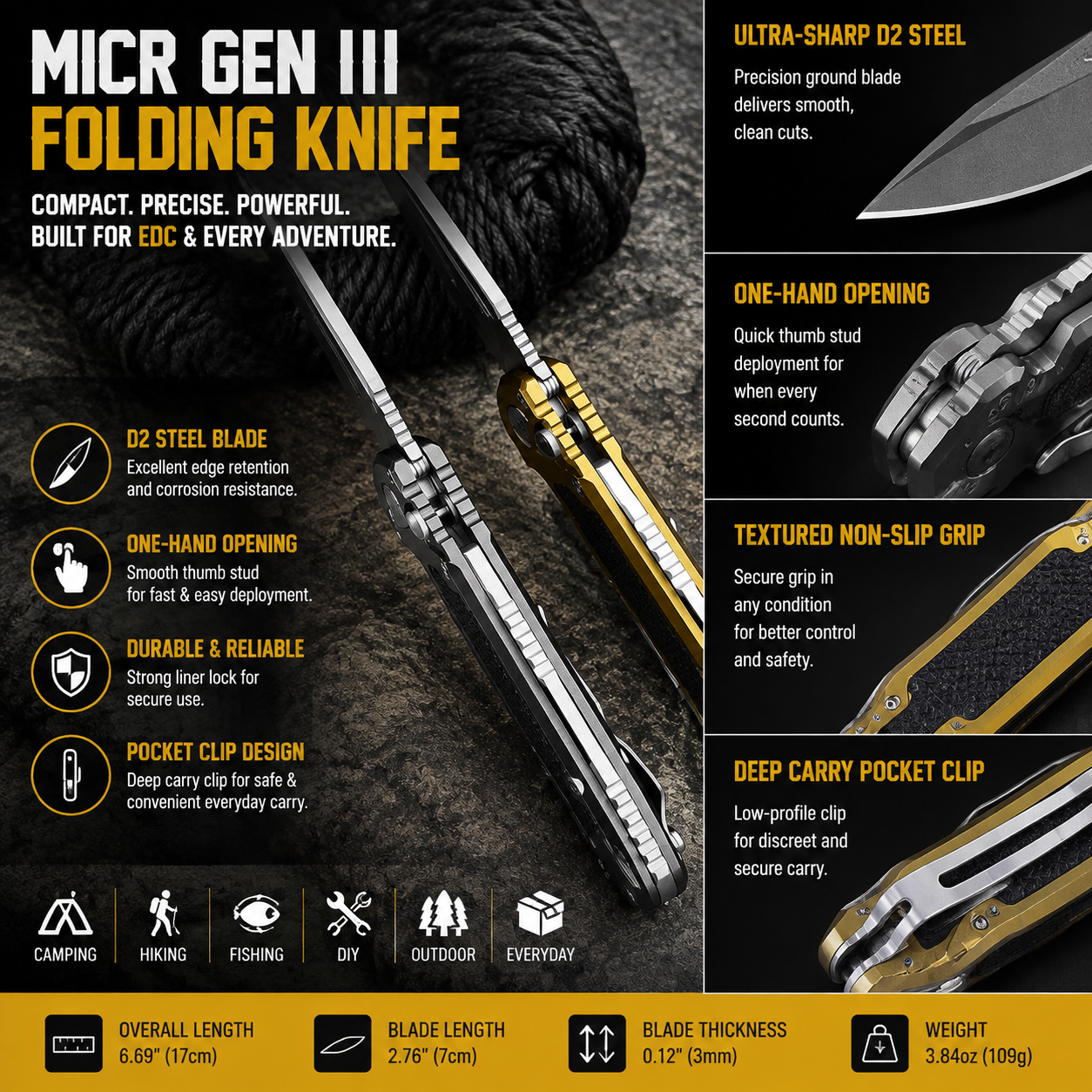 🏕️MICR Gen III Folding Knife 🔪 D2 Steel Camp Tool
