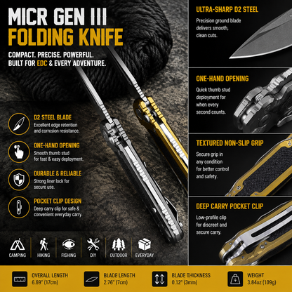 🏕️MICR Gen III Folding Knife 🔪 D2 Steel Camp Tool