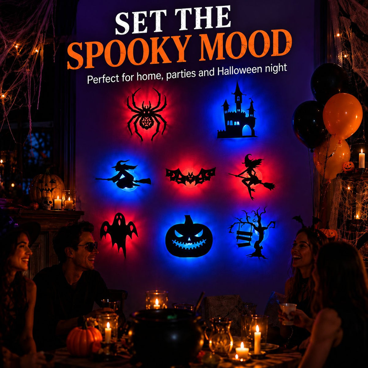 🔥Last Day 50% OFF - 🎃8 Pack Halloween LED Silhouette Wall Light Stickers, Battery Powered Peel & Stick Decor Lights