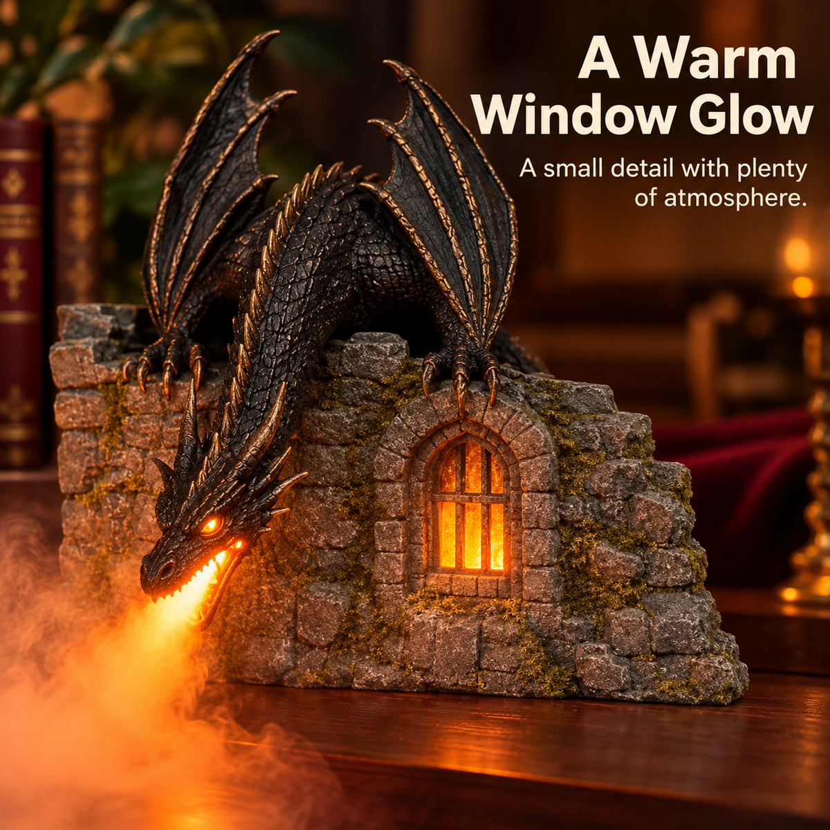 🐉 Dragon Book Nook Mist Maker with LED Light, Fantasy Castle Dragon Statue Decor, Smoke Breathing Dragon Figurine for Shelf Display