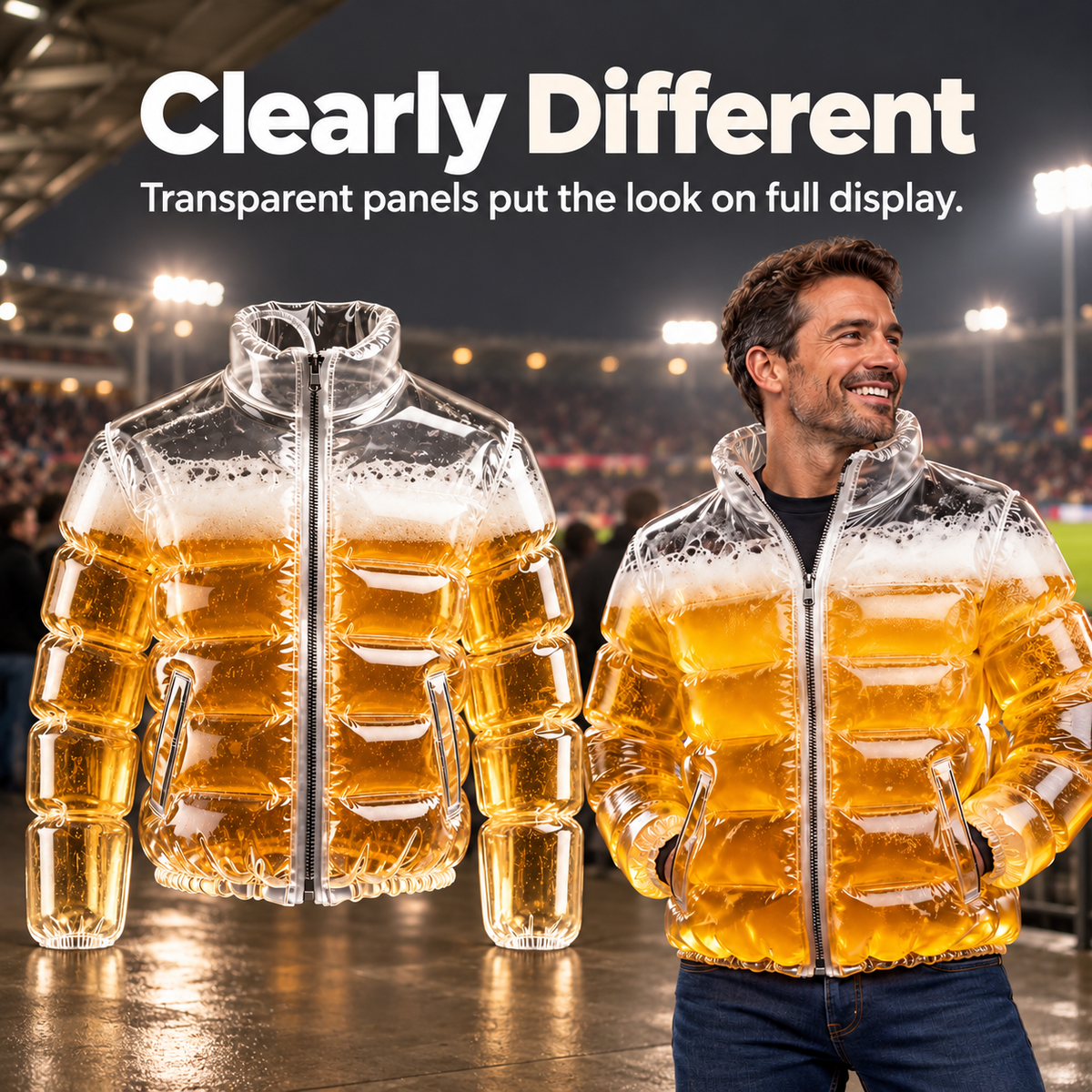 Men’s Fun Beer-Themed Inflatable Down Jacket – Costume for Parties and Carnivals, Transparent Version