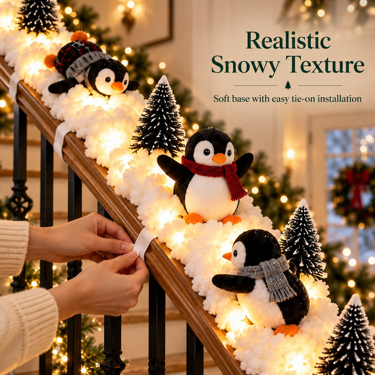 Playful Penguin Snowy Stair Railing Decor