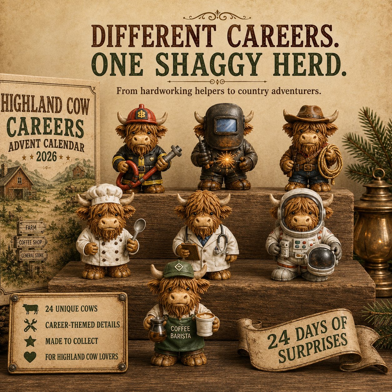 🐮 LAST DAY 49% OFF – 24 Days of Highland Cow Careers Advent Calendar | 24 Unique Collectible Highland Cows with Adorable Jobs, Tiny Accessories & Daily Christmas Surprises 🎄✨