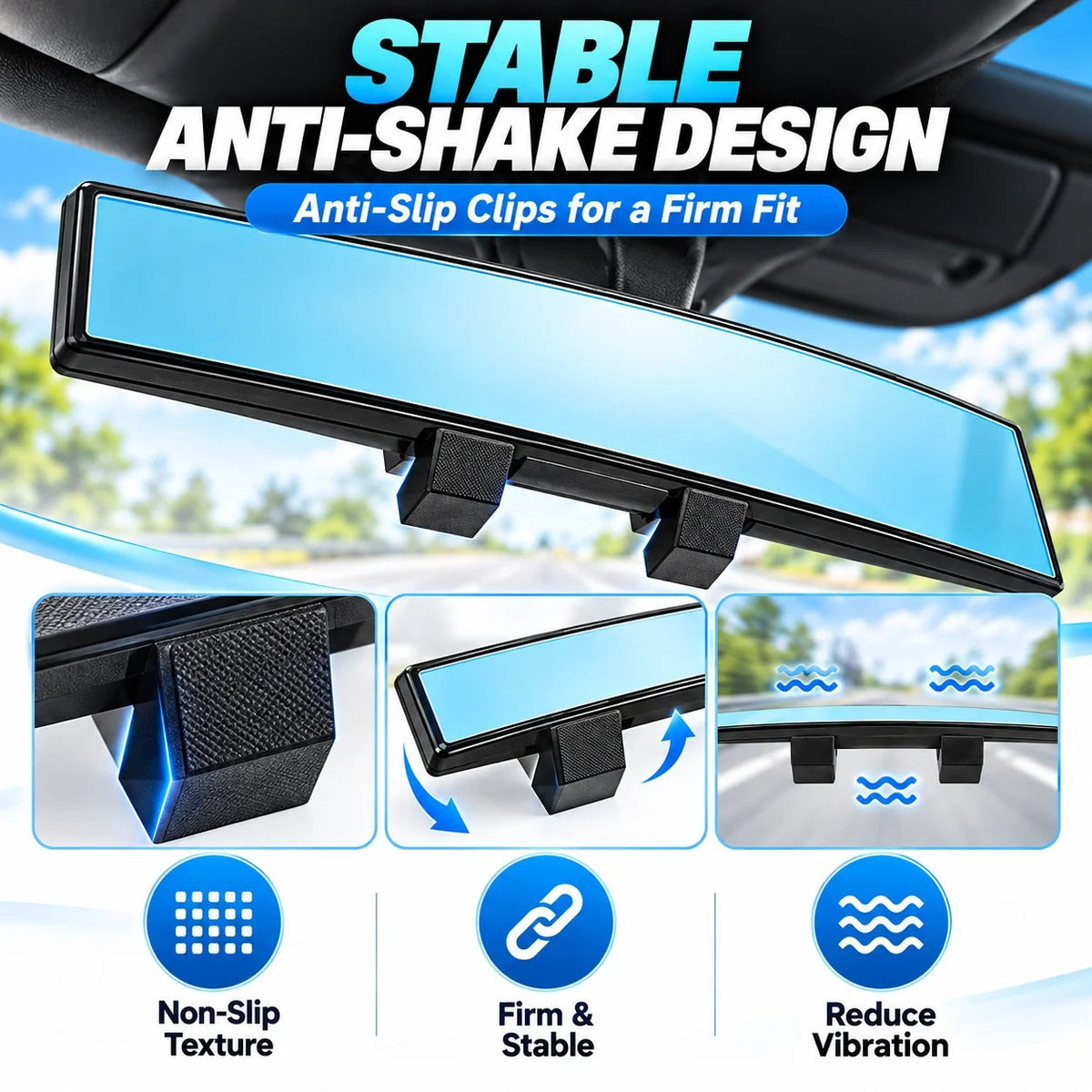 12-Inch HD Convex Panoramic Rearview Mirror – Clip-On Wide-Angle Car Mirror with Anti-Glare Glass & Anti-Slip Clips