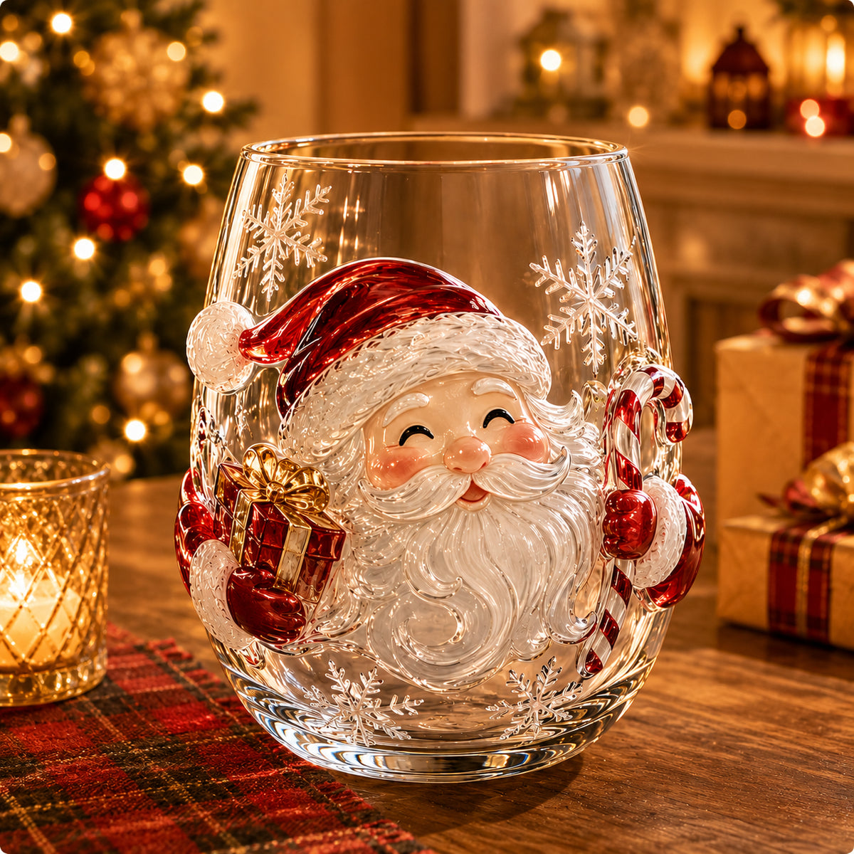 Christmas 3D glass cup featuring Santa Claus and snowflake details