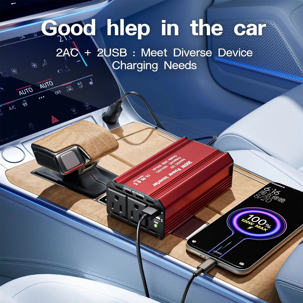 300W car inverter being used in a vehicle center console to power compatible devices