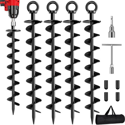 Heavy Duty Spiral Blade Ground Anchor Kit, 4-Pack 15-Inch Solid Steel Stakes for Tents, Carport, Garden Sheds, Multi-Purpose Full Spiral Blade Design, Easy Installation, High Load Bearing, Deep Soil Grip, Anti-Loosen