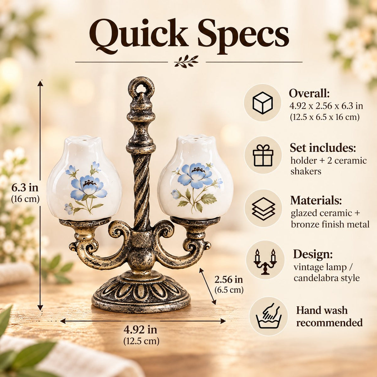 Retro Candelabra Salt Pepper Set | Ceramic Floral Shakers with Caddy, Vintage Dining Accent