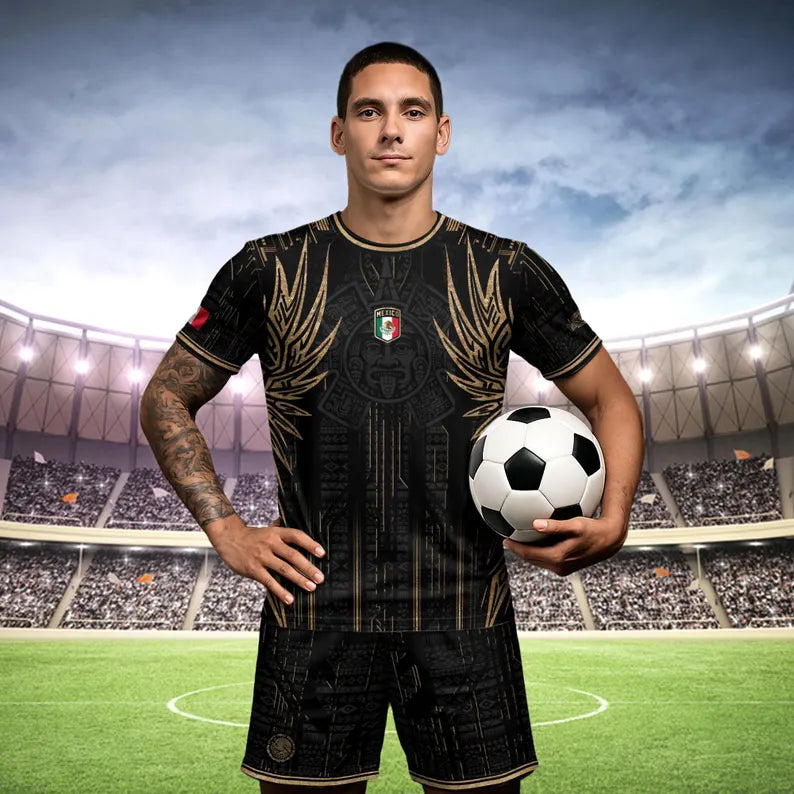 ✨Mexico Aztec Gold Soccer Jersey – Breathable Mesh Fan Shirt for Sports & Daily Wear