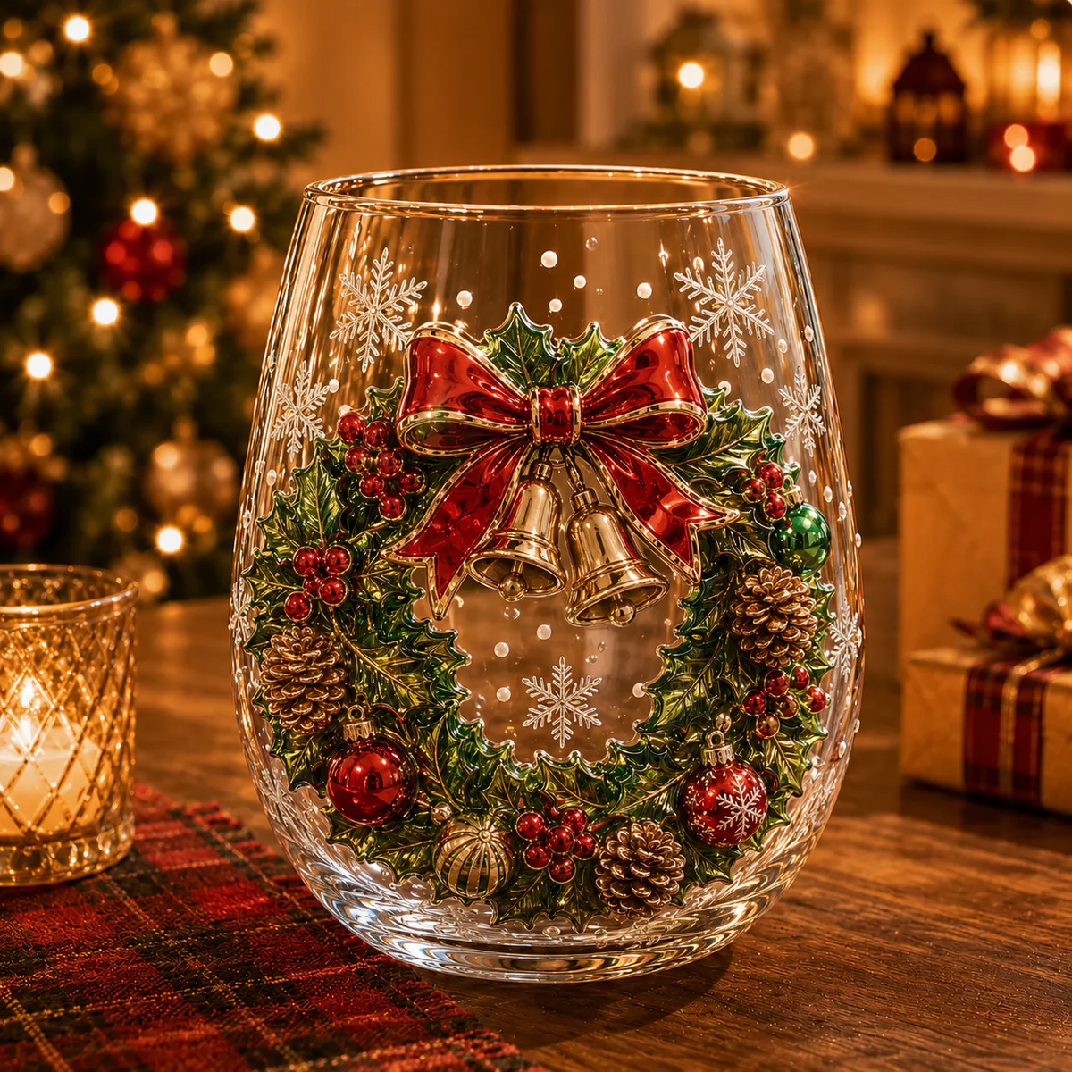 Christmas wreath glass cup with red bow and golden bells