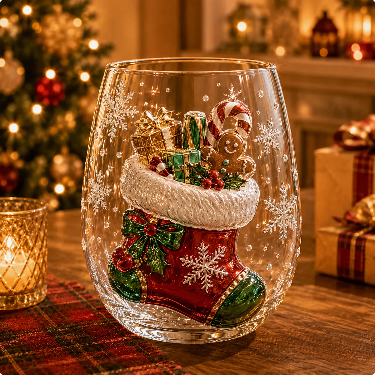 Christmas stocking glass with gifts candy canes and gingerbread decoration