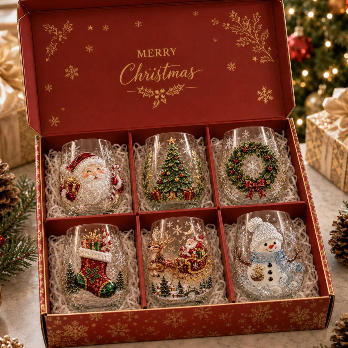 Six Christmas 3D glass cups displayed inside a red Christmas gift box