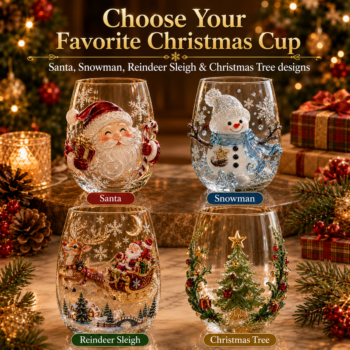 Four featured Christmas glass designs showing Santa Snowman Reindeer Sleigh and Christmas Tree