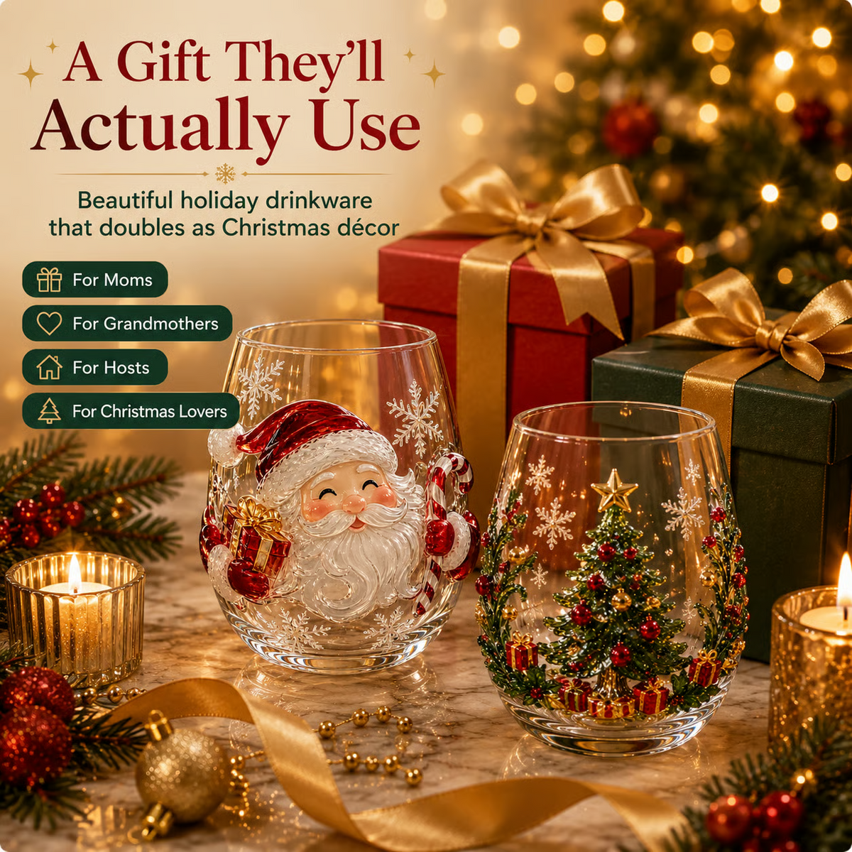 Christmas glass cups with Santa and Christmas tree designs presented as holiday gifts