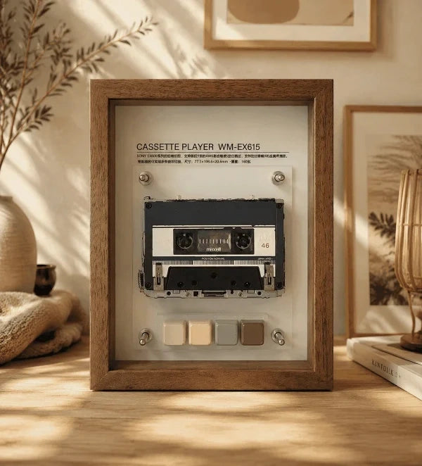 Vintage Cassette Player Frame with Functional Tape Playback & Retro Wall Art Design