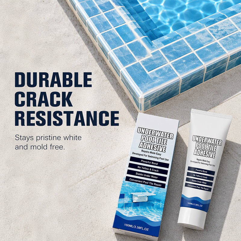 Pool tile adhesive packaging beside blue ceramic swimming pool edge promoting crack resistant repairs