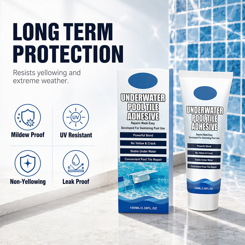 Underwater Pool Tile Adhesive packaging with supplier promoted UV resistance non-yellowing and water resistance features