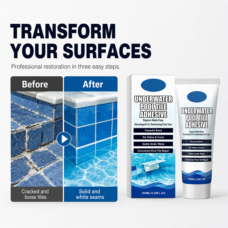 Illustrative before and after swimming pool tile repair showing damaged tiles and a restored blue tiled surface