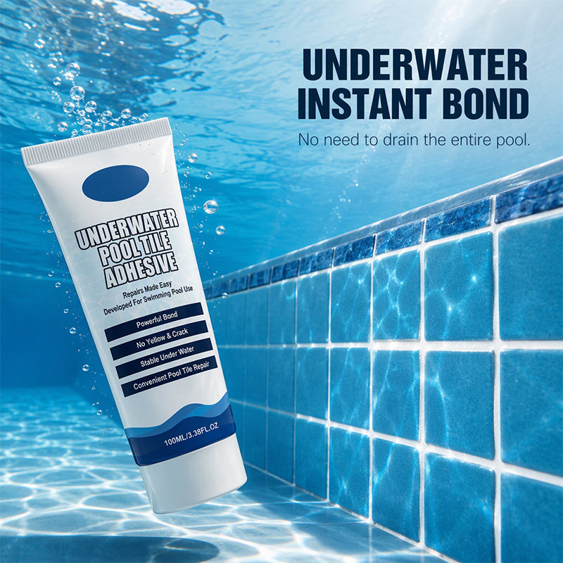 Underwater Pool Tile Adhesive beside blue ceramic pool tiles in submerged water scene