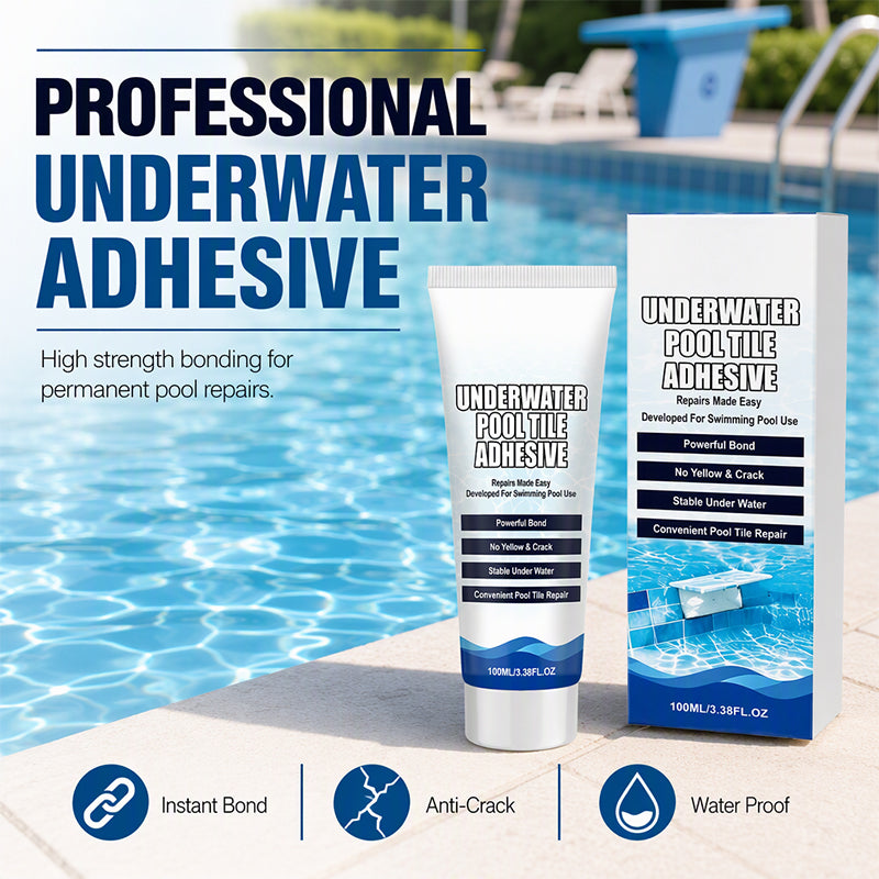 High Strength Underwater Pool Tile Adhesive tube and packaging beside a blue swimming pool