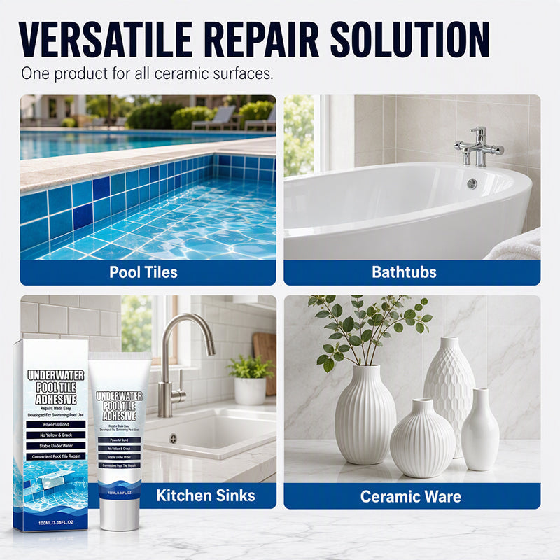 Four application examples for ceramic repairs including swimming pool tiles bathtub kitchen sink and ceramic ware