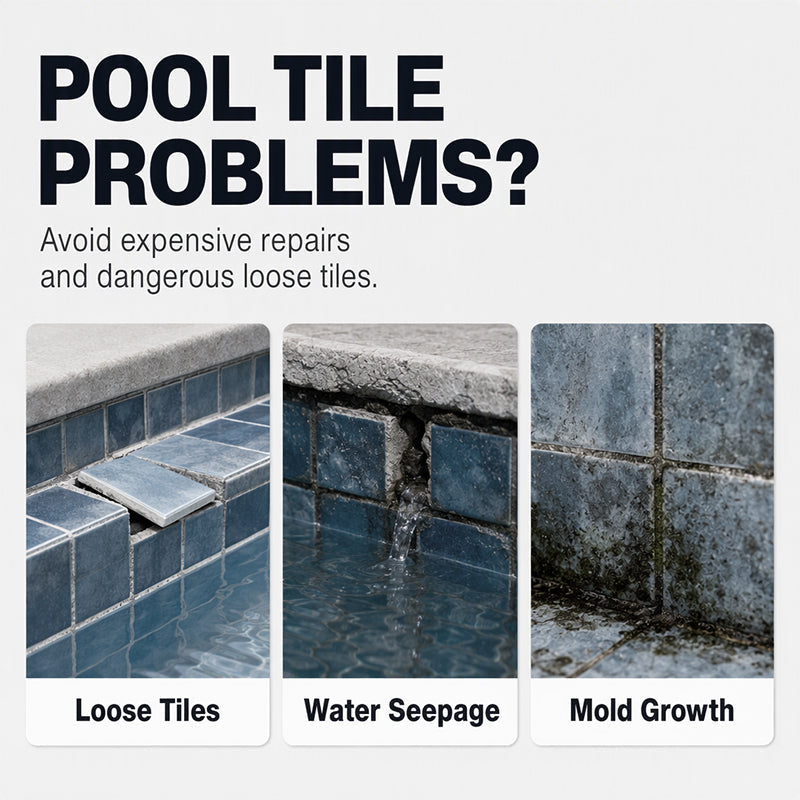 Common swimming pool tile problems including loose tiles water seepage and discolored grout