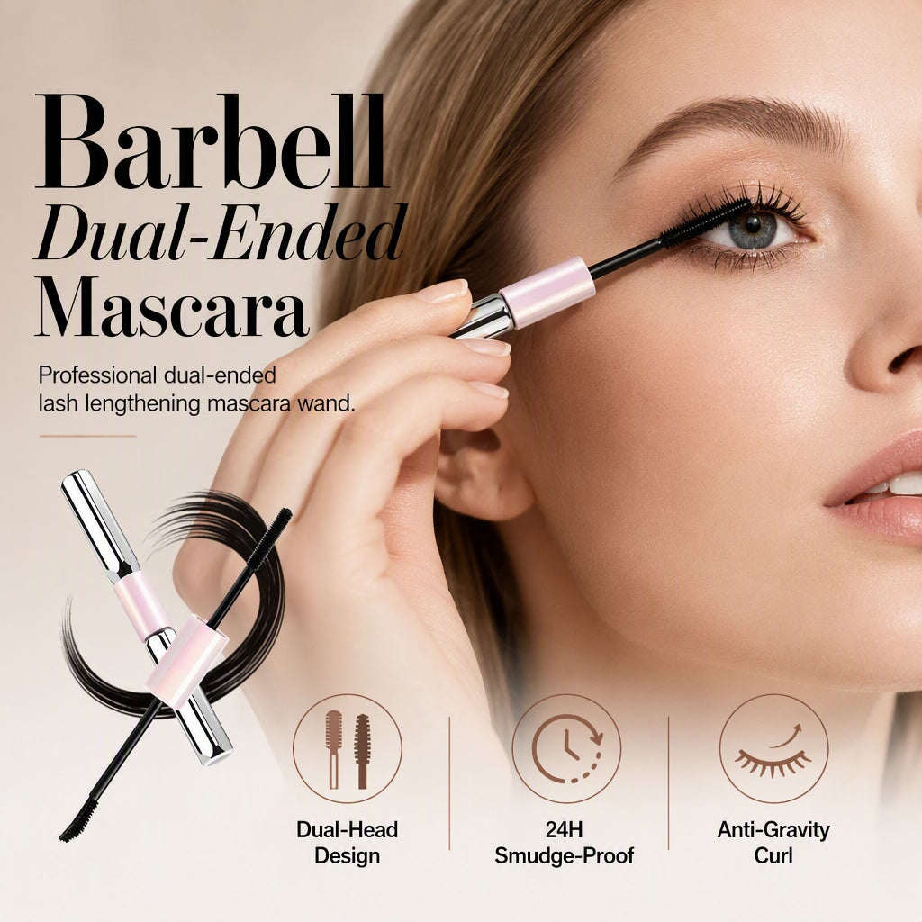 Woman applying double-ended mascara with rose pink and silver packaging and two applicator brushes
