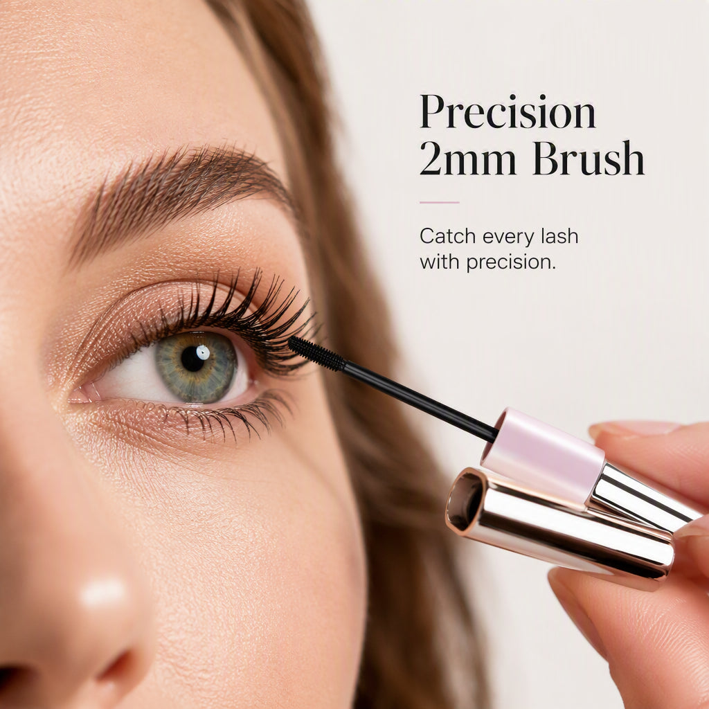 Close-up of precision mascara brush being applied to individual outer corner eyelashes