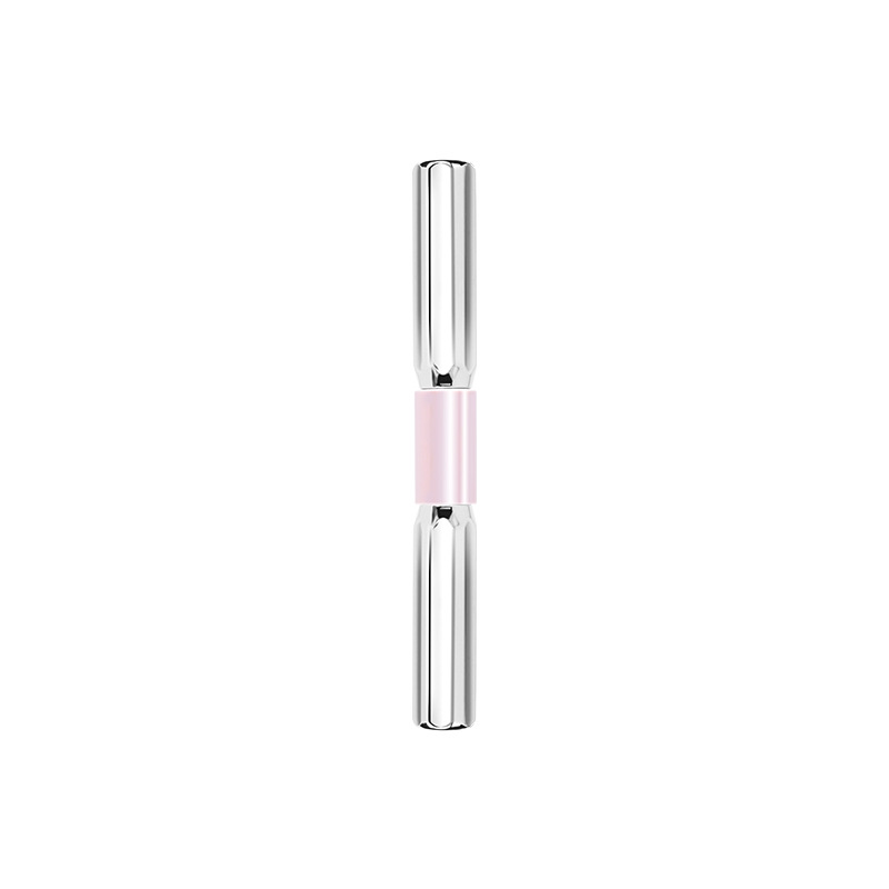 Silver and pale pink cylindrical double-ended mascara tube on a white background