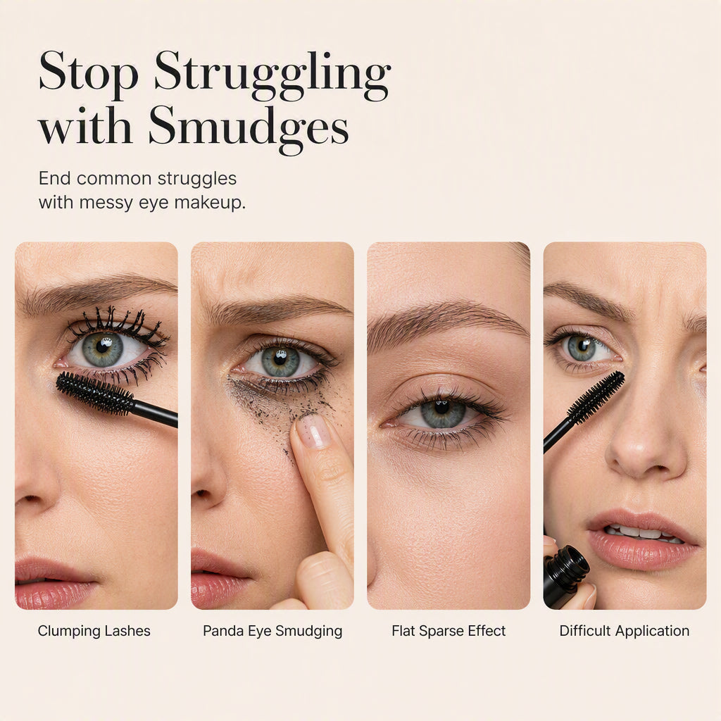 Four common mascara challenges including clumping smudging sparse lashes and difficult application