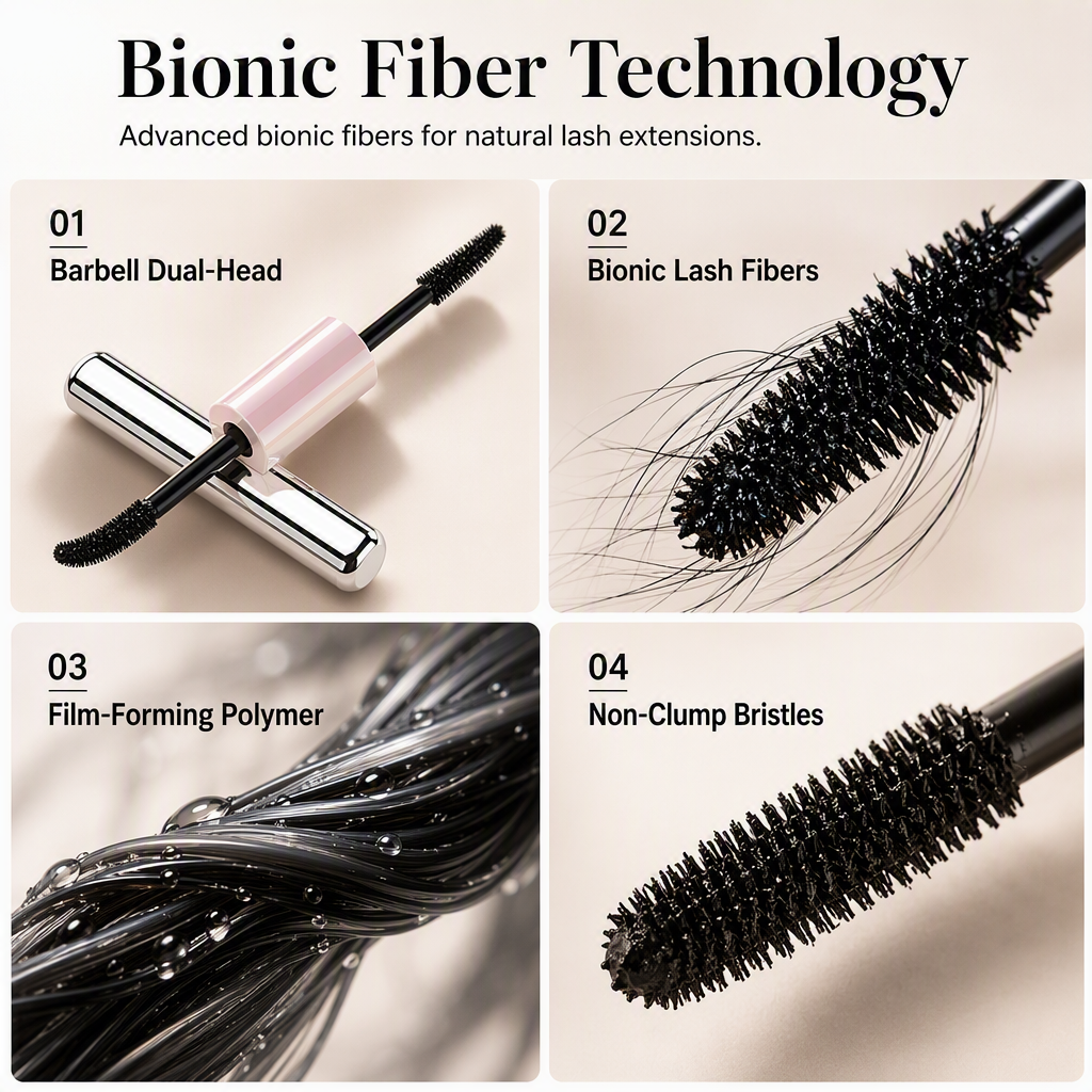 Double-ended mascara brush construction and illustrations of lash fibers film forming formula and brush bristles