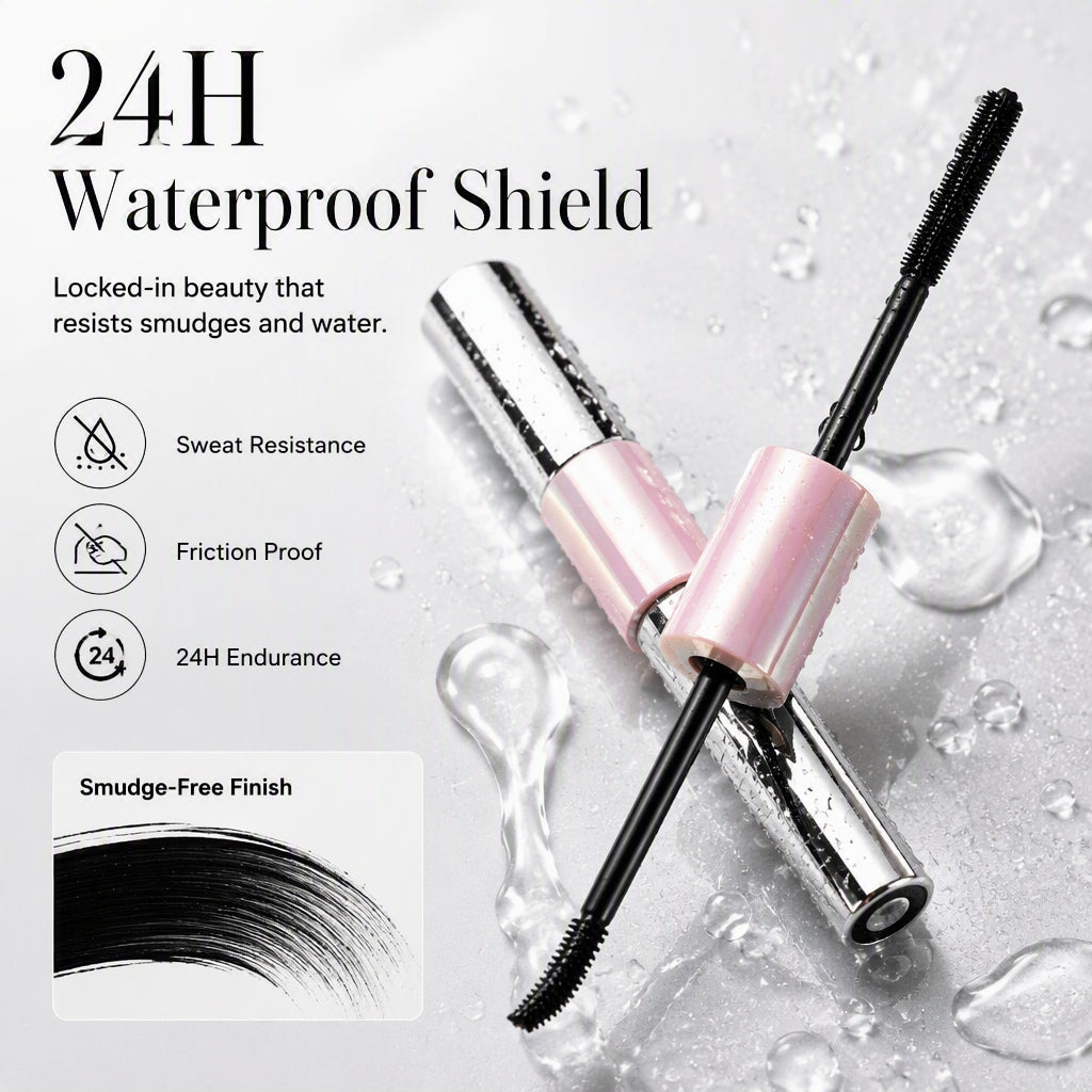 Waterproof mascara and dual-ended brushes shown with water droplets and 24-hour performance marketing graphic