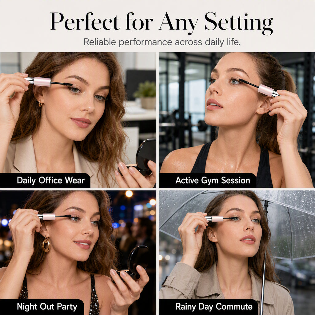 Four lifestyle makeup scenes showing mascara for office gym night out and rainy day commute